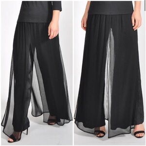 Komarov Black Wide-Leg Pleated Pants Flare Sheer Pull On